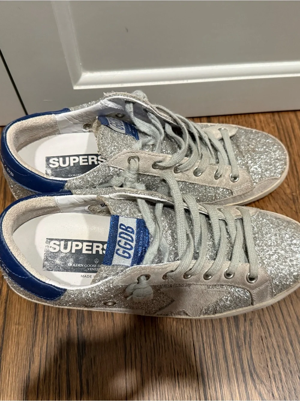 Golden Goose Silver Glitter Superstar Sneakers with Blue Heel